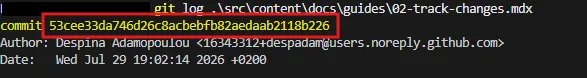 git log output with the commit SHA highlighted