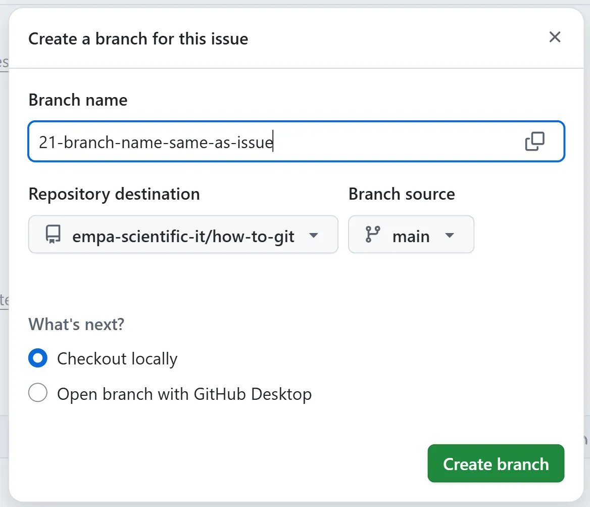 Dialog to create branch from issue