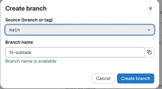 Dialog to create branch from issue