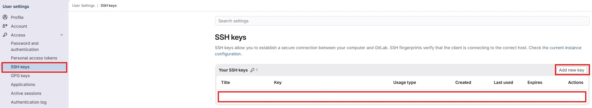 SSH keys settings page