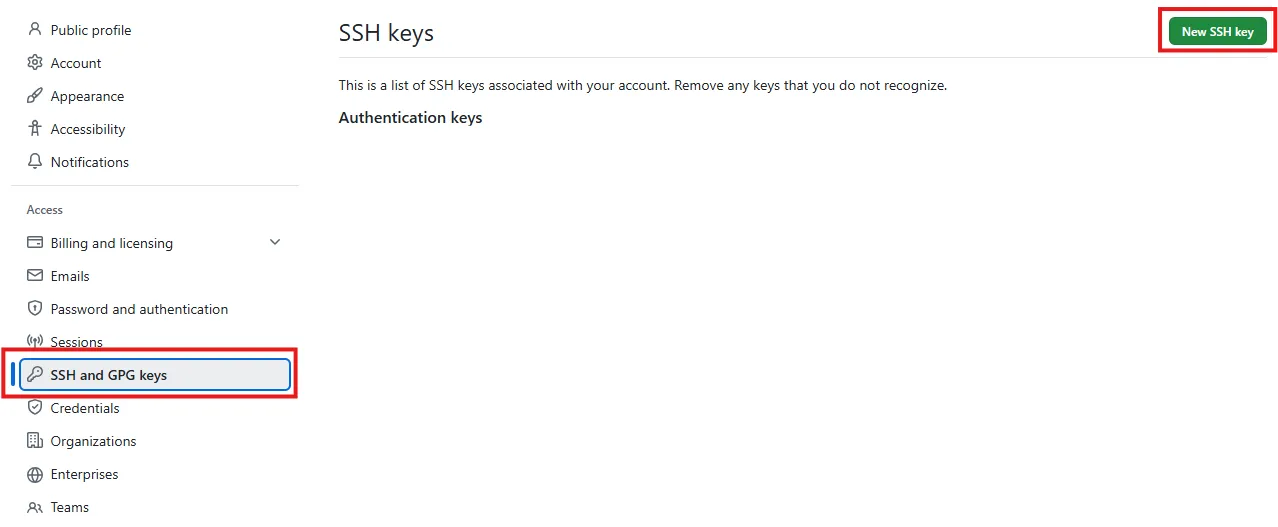 SSH keys settings page
